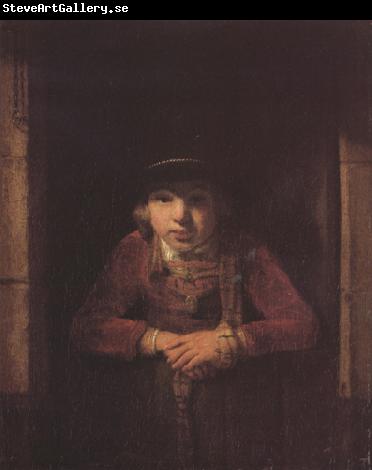 Samuel van hoogstraten A Young Man wearing a Hat decorated with Pearls and a gold Medallion in a Half-Door (mk33)